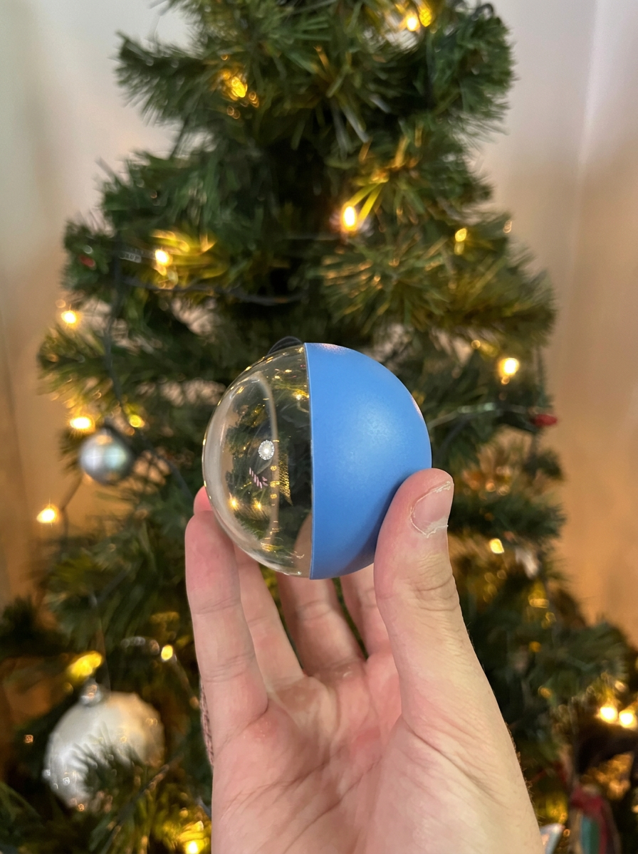 Blue Noel Orb held in hand, showing the glass side