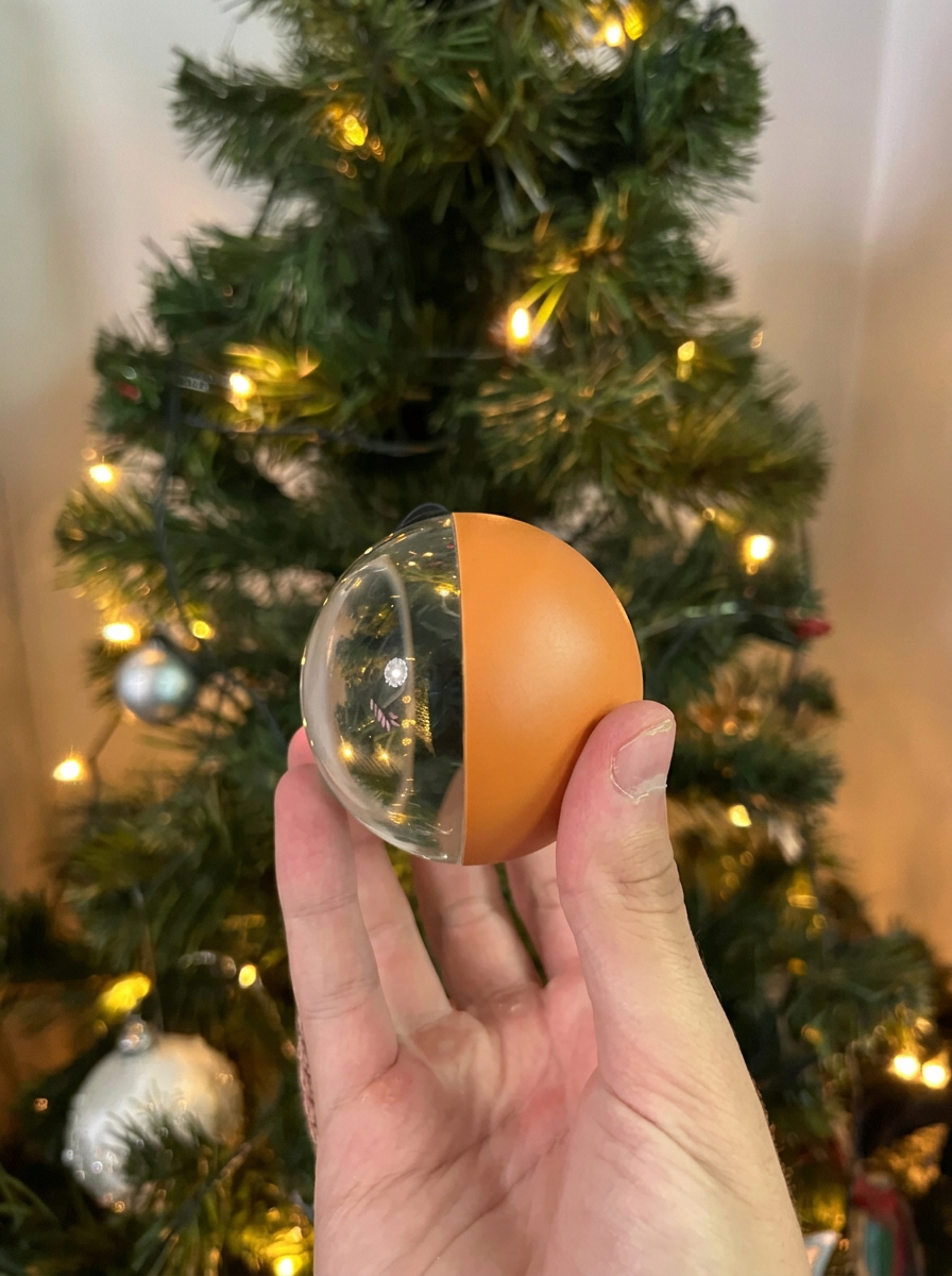 Orange Noel Orb held in hand, showing the glass side